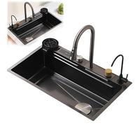 WIQUYBML Fregadero de Cocina Tipo Cascada - Estación de Trabajo empotrable/bajo encimera Estilo Granja con Rejilla para Accesorios, Cesta coladora, Lavadora de Vasos a presión y Conjunto de
