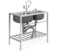 WIQUYBML Fregadero Doble de Acero Inoxidable para hostelería con Grifo, Ideal para cocinas comerciales, con Estante de Almacenamiento para Garaje, lavadero o jardín. 80 cm x 45 cm x 85 cm.