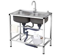 WIQUYBML Fregadero Exterior de Acero Inoxidable Independiente para hostelería, Unidad de Cocina portátil de Doble cubeta y Grifo de Agua fría y Caliente para lavadero o Garaje.
