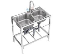 WIQUYBML Fregadero utilitario de Acero Inoxidable de 2 Compartimentos para Bar, Restaurante, Uso Comercial, lavamanos, Camping, portátil, con Banco de Trabajo y estantes de Almacenamiento.