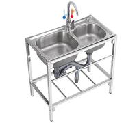 WIQUYBML Fregadero utilitario Independiente de 2 Compartimentos de Acero Inoxidable para Uso Comercial en restaurantes, con Grifo para hostelería y tuberías de Agua fría y Caliente, 80 cm x