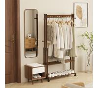 WISFOR - Perchero de pie, mueble para abrigos con ruedas, madera, con 2 estantes y 4 ganchos, perchero móvil para pasillos, 104x32.2x166 cm