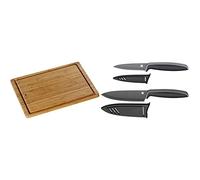 WMF Bamboo Tabla de Cortar de Madera de Bambú con Surco para Líquidos, 45 x 30 cm & Touch Juego de 2 Cuchillos con Funda Protector Color negro, Cuchillo de Cocina 24 cm y Cuchillo Multiusos de 20.5 cm
