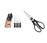 WMF Classic Line Juego de 5 Cuchillos con Soporte de Madera, Hoja de Acero Templado con Filo de Larga Duración + Touch Tijeras de Cocina, Acero Inoxidable, Negro, 21cm