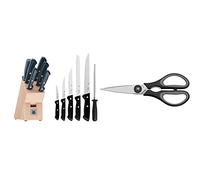 WMF Classic Line Juego de 5 Cuchillos y Afilador Chaira con Soporte de Madera, Hoja de Acero Templado con Filo de Larga Duración & Touch Tijeras de Cocina, Acero Inoxidable, Negro, 21cm
