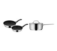 WMF Devil - Juego de 2 Sartenes Antiadherentes 24-28 cm, Sartén de Acero Inoxidable & Mini - Cazo con Tapa Ø16cm Apróx 1,2L, Borde Vertedor, Apilable de Acero Inoxidable Cromargan