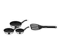WMF Devil - Juego de 2 Sartenes con Revestimiento Antiadherentes 24-28 cm de Acero Inoxidable y Espátula de Plástico de 31cm con curvatura y cavidades Todo Tipo de Cocinas Incluido Inducción, sin PFOA