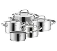 WMF Gourmet Plus - Batería de Cocina 9 Piezas, Acero Inoxidable Apto para Inducción, 1 Cacerola Baja de 20 cm, 3 Cacerolas Altas de 16 cm, 20 cm y 24 cm, 1 Cazo 16 cm con 4 Tapas de Acero Inoxidable