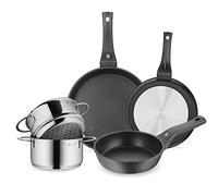 WMF - Juego de sartenes de aluminio fundido Permadur Premium de 28 cm + 24 cm + 20 cm + Mini Olla con interior de cocción alvapor de acero inoxidable Pulido, 16 cm, 1.5 l