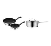 WMF Juego de sartenes Devil de 2 piezas, sartén de 28 cm + 20 cm, sartén de inducción & Mini - Cazo con Tapa Ø16cm Apróx 1,2L, Borde Vertedor, Apilable de Acero Inoxidable Cromargan