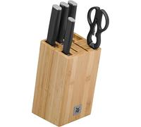 WMF Kineo - Juego de cuchillos con 6 piezas, fabricado en Alemania, 4 cuchillos, tijeras de cocina, bloque de bambú, corte de rendimiento, acero endurecido especial