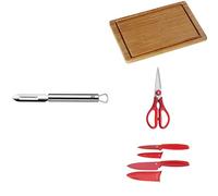 WMF Pelador de Verduras + Tabla de Cortar de Madera de Bambú + Tijeras de Cocina + Juego de 2 Cuchillos de Cocina de 24 y 20.5 cm con Funda Protectora