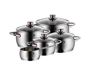 WMF Quaity One - Batería de Cocina 9 Piezas, Acero Inoxidable Apto para Inducción, 1 Cacerola Baja de 20 cm, 3 Cacerolas Altas de 16 cm, 20 cm y 24 cm, 1 Cazo 16 cm con 4 Tapas de Cristal