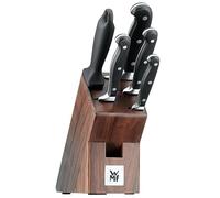 WMF Spitzenklasse Plus Juego de 4 Cuchillos y Afilador Chaira con Soporte de Madera Nogal, Hoja de Acero Templado Completamente Forjado, Madera de Roble, 6 piezas