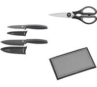 WMF Touch - Set de corte 4 Piezas Negro. Cuchillo Cocina 24 cm, Cuchillo Multiusos 20,5 cm, Tijeras de Cocina 21cm, Tabla de Cortar de Plástico 32 x 20 cm. Hojas de Acero Inoxidable.