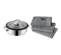 WMF Vitalis - Fuente Redondo de Cocción al Vapor 28 cm Diámetro, Tapa de Cristal & Set 3 Paños de Cocina, Algodón, gris, 3 Unidades