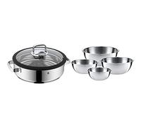 WMF Vitalis Fuente redondo de cocción al vapor, tapa de cristal con borde de silicona, termómetro + Gourmet-Set de 4 Boles, Acero Inoxidable Mate
