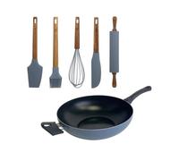 Wok de Ø30cm en Aluminio prensado color Azul + Set de 5 Utensilios de silicona y madera NOIA San Ignacio