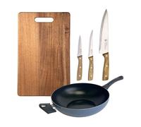 Wok de ø30cm aluminio prensado con 3 cuhillos en acero inoxidable y tabla de corte 40x25cm noia san ignacio