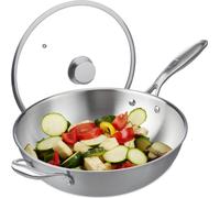 Wok Relaxdays, diámetro 32 cm, acero inoxidable sin revestimiento, tapa de vidrio, apto para gas, vitrocerámica, inducción. Sartén wok con asa, color plateado