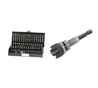 Wolfcraft 1386000 - Caja de puntas de seguridad combinadas, 31 pzas. en caja metálica. Puntas 25 mm: hembra cuadrada interior, Phillips, hexágono interior con agujero, Torx con agujero; Puntas 50 mm: Tri-Wing, Torq, Spanner, Torx con agujero; atornillador manual + 4055000 - Portapuntas con tope profundidad.