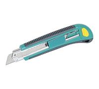 wolfcraft Cúter Profesional de 18 mm - Cuchillas de Seguridad de Metal | Herramienta ergonómica de precisión para manualidades y bricolaje con bloqueo automático y 3 cuchillas extra. 4138000