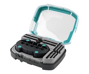 wolfcraft Juego de Taladrado Universal con Guía de Perforación - 6 Piezas | Guía para taladrar orificios rectos con 5 casquillos de precisión de 4 a 10 mm y ranura en V para tubos. 1000000