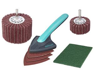 wolfcraft Set de Tratamiento para Madera y Restauración de Muebles | Kit con copa de tela no tejida, lijadora de esquinas, hojas adhesivas y fieltro para pulir exteriores. 5642000