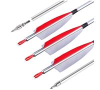 wolfman Flechas de Aluminio rigidez 300/500, Plumas Naturales y Puntas roscadas para Caza Exterior, compatibles con Arco Compuesto y Arco recurvo (24, Blanco y Rojo)