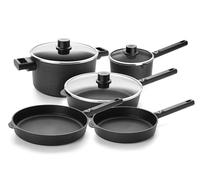 WOLL Eco Logic QXR - Batería de cocina (8 piezas, sartenes de hierro fundido de 24 y 28 cm, sartén de 28 cm, cazo de 18 cm (2,0 l), olla de fundición de 24 cm (5,0 l) + tapa de 18,24 y 28, sin PFAS
