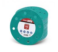 Woltersberger® 50 piezas Papel de lija de 150 mm | Papeles de Lija Abrasivos con 15 Agujeros para Lijadora Excéntrica | grano P100 verde | para un lijado óptimo, versátil