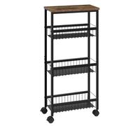 WOLTU Carrito Cocina de 4 Niveles, Carrito Auxiliar 3 Cestas, Estanteria Cocina con Ruedas, Carro de Servicio en Madera y Metal, Carrito Estrecho para Salon y Cocina, Negro + Madera Vintage