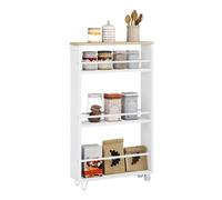 WOLTU Carrito de Cocina con 3 Niveles, Carro Auxiliar Cocina con Ruedas, Estanteria Estrecha de Almacenamje, Madera y Metal, con Frenos y Asa, 47x13x80 cm, Blanco+Roble Claro