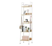 WOLTU Escalera Estantería de Almacenaje | de Estilo Industrial, de Madera y Metal, con 4 Ganchos Extraíbles, 5 Niveles, para Salón, 40x36x170 cm, Blanca