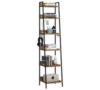 WOLTU Escalera Estantería de Almacenaje, Librería | de Madera y Metal con 4 Ganchos Extraíbles, de 6 Niveles para Salón, de Estilo Industrial, Negra, 41x36x187 cm