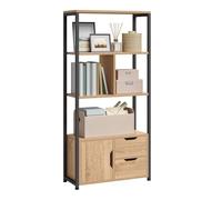 WOLTU Estantería Alta Independiente de Pie para Libros | 4 Baldas, con Armario y Cajones, Estante Industrial de Escalera de Flores de MDF y Metal, 58x24x120cm, Roble Claro