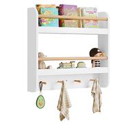 WOLTU Libreria Infantil de Pared, Libreria Montessori | para Niños, de 2 Niveles con 4 Ganchos, para Habitación Infantil y Guardería, 60x12x55 cm, Blanco+Roble Claro