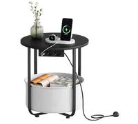 WOLTU Mesita Cafe Redonda, Mesa Pequeña Auxiliar con 1 Cesta de Lona, 2 Enchufes, 1 USB y 1 Tipo C, Estructura de Metal, Mueble Auxiliar para Salon, Balcon, Dormitorio, Ø45×50 cm, Negro+Gris