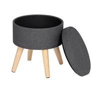 WOLTU Taburete Redondo, Baul Puff de Almacenamiento, Taburete de Almacenamiento, Puff Tapa Extraíble para Salon y Dormitorio, Lino, Patas Madera Maciza, Gris Oscuro