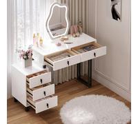 WOLTU Tocador con Espejo Irregular e Luz Regulable, Tocador de Maquillaje con Encimera de Alto Brillo, 2 Cajones y 1 Cómoda, Madera + Metal, Mueble Dormitorio Moderno, Blanco y Negro, MB6118ws