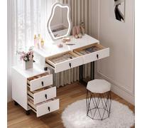WOLTU Tocador con Espejo Irregular e Luz Regulable, Tocador de Maquillaje con Encimera de Alto Brillo, 2 Cajones y 1 Cómoda, Madera + Metal, Mueble Dormitorio Moderno, Blanco y Negro