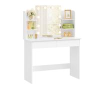 WOLTU Tocador de Maquillaje con Espejo, Luz LED, 10 Bombillas, 2 Cajones y 4 Estantes, Ancho 90 cm, Mesa de Tocador Moderno para Dormitorio, Blanco, MB6096ws