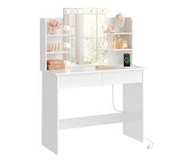 WOLTU Tocador de Maquillaje con Espejo, Luz LED, Regleta de Enchufes, 2 Cajones y 4 Estantes, Ancho 90 cm, Mesa de Tocador Moderno para Dormitorio, Blanco, MB6123ws