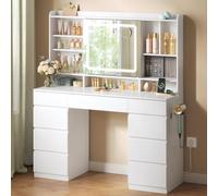 WOLTU Tocador de Maquillaje con Luz LED, Espejo, Mesa de Tocador Grande con 9 Cajones, Regleta de enchufes, Organizadora de Joyas y Estantes, Escritorio de Maquillaje Moderno, Madera, Blanco