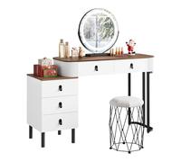 WOLTU Tocador de Maquillaje con luz y Taburete, Penteadeira, Vanity de Maquillaje, Tocador con Espejo y Luz LED, Iluminación Ajustable, Mesa Maquillaje con 5 Cajones, Cajonera Móvil, Marrón Naranja
