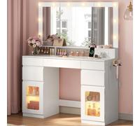 WOLTU Tocador Grande con Espejo Triple Plegable y con 10 Luces LED, Blanco | 5 Cajones, 2 Armarios, Tira de Luces en 3 Colores, Toma de Corriente y Soporte para Secador de Pelo; para Dormitorio