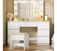 WOLTU Vanity de Maquillaje, Tocador de Maquillaje con Taburete, Tocador con Espejo y Luz LED, Luz Ajustable, con 7 Cajones, para Dormitorio, Sala de Belleza y Vestidor, 107x39,5x140,5 cm, Blanco