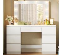 WOLTU Vanity, Tocador de Maquillaje, Tocador con Espejo y Luz LED, Luz Ajustable, con 7 Cajones, para Dormitorio, Sala de Belleza y Vestidor, 107x39,5x140,5 cm, Blanco, MB6099ws
