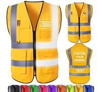 WolunLi Chalecos de Seguridad personalizados a granel, con texto de logotipo de nombre, chalecos reflectantes de alta visibilidad, con bolsillos, chalecos de trabajo, hombres Yellow X-Large