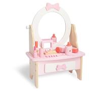 WOODENFUN Tocador de madera para niña rosa, espejo en forma de arco circular giratorio 360°, cajón, equipado con 7pcs accesorios de maquillaje, mesa de maquillaje de escritorio